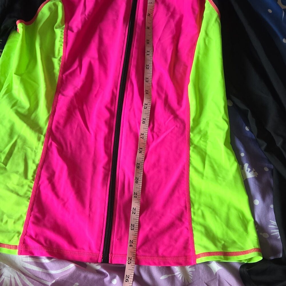 Grace Karin Neon Pink Lime Rash Guard Zip Swim Top Surfcore XL - Picture 6 of 7
